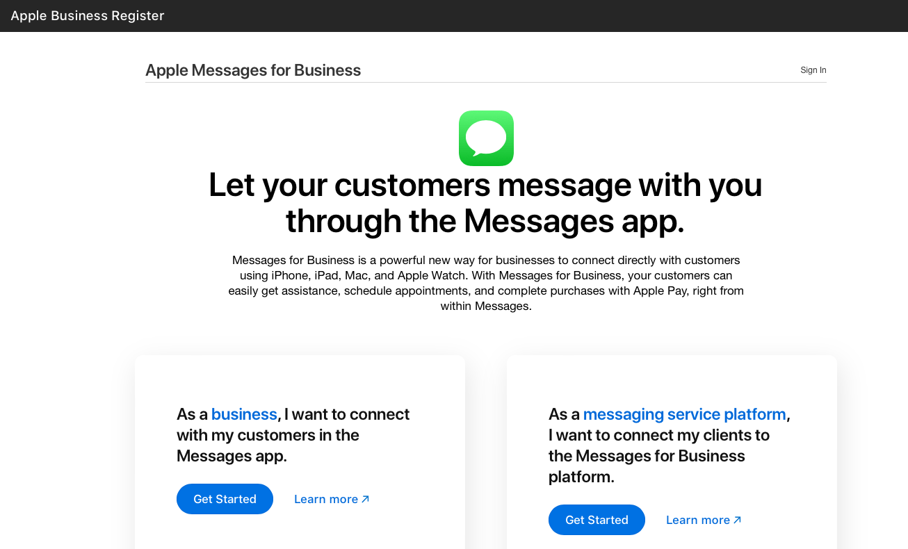 Apple Business Register - Apple Messages page