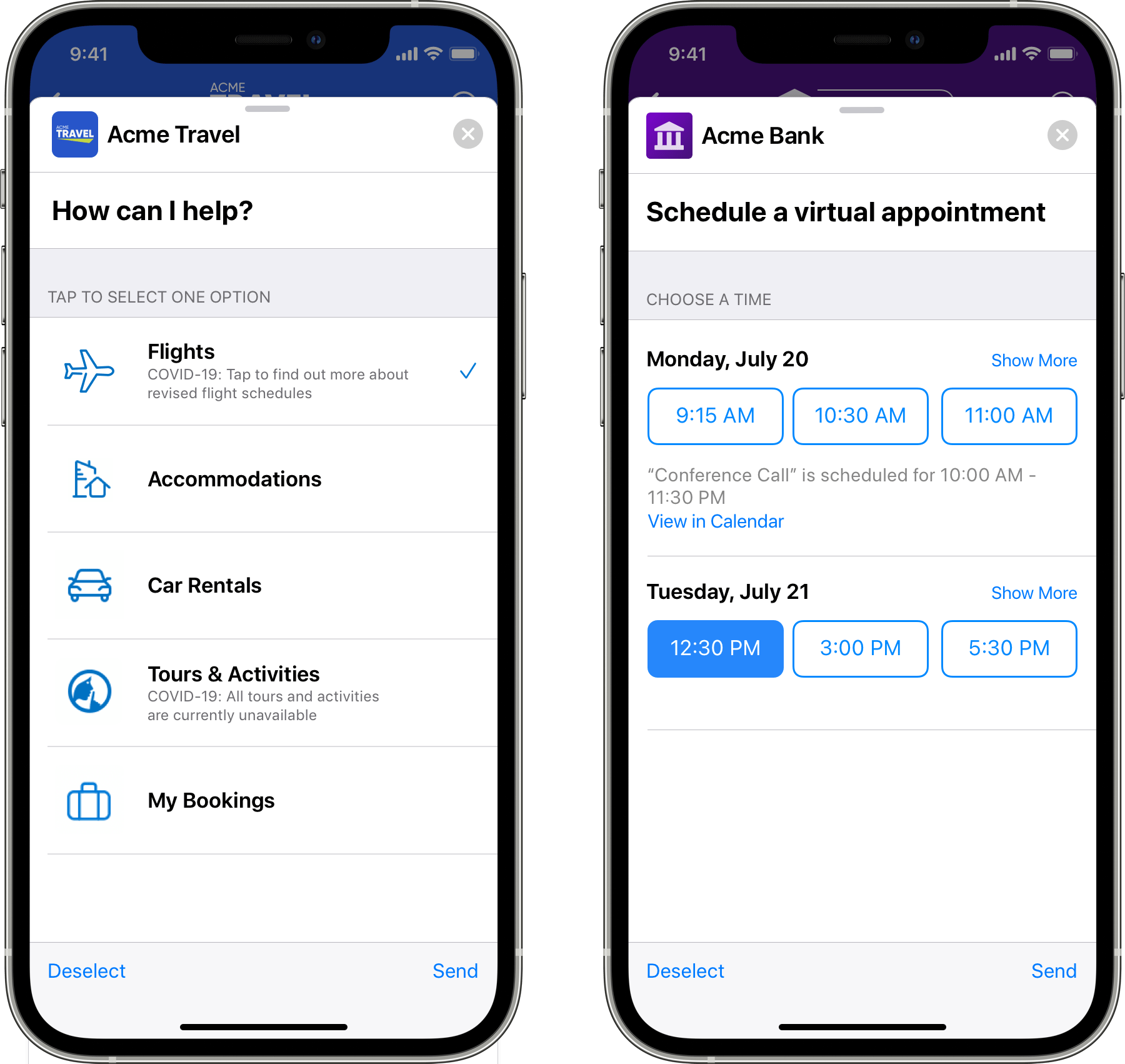 List picker (left) and time picker (right)